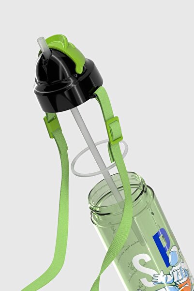 Renga Migo Patterned 630 ml Tritan Children's Water Bottle with Strap and Straw 912143 Green
