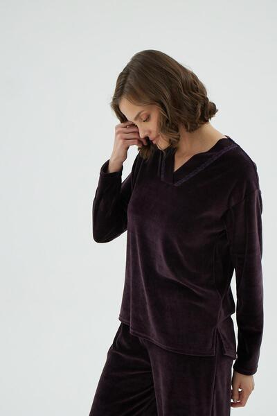 Sevim Дамски комплект пижама с дълги ръкави, V-образно деколте и кадифена материя, модел C3T6N171