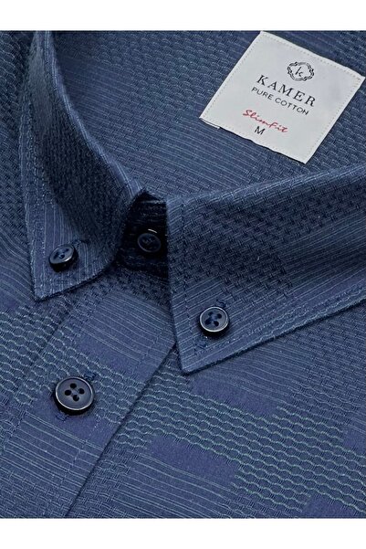 KAMER Men's Slim Fit Long Sleeve 100% Cotton Buttoned Collar Without Pocket Patterned Navy Blue Shirt 2409Y