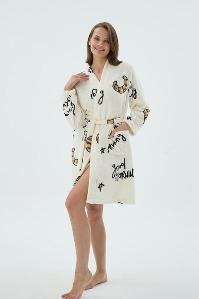 Sevim Women's Fleece Long Sleeve Patterned Short Dressing Gown C9T9N271