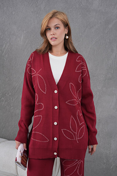 Miss Allos Women's Beaded Wide-Fit Knitwear Cardigan and Pants Bottom-Top Set