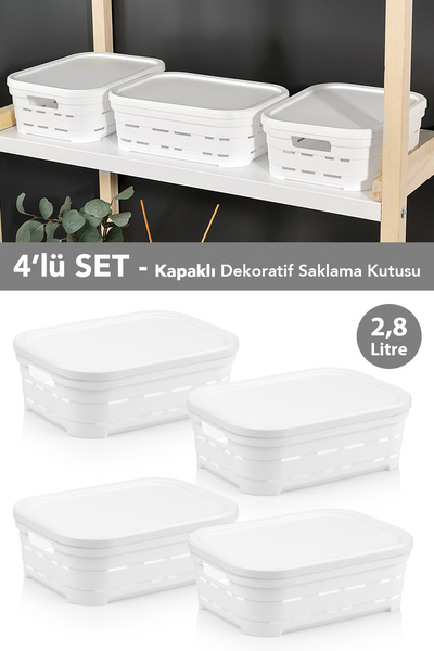 Meleni Home 4-Piece Lid Hole-Punched Decorative Pyramid Storage Box - Inside Cabinet Organizer 2.8 Lt White