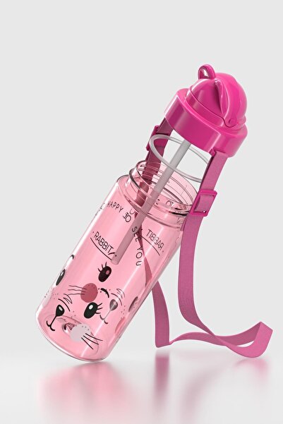 Renga Taffy Patterned 500 ml Tritan Children's Water Bottle with Strap and Straw 912080 Pink
