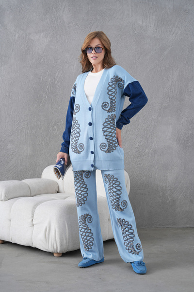 Miss Allos Women's Sleeves Denim Detailed Beaded Wide Fit Knitwear Cardigan and Pants Bottom-Top Set
