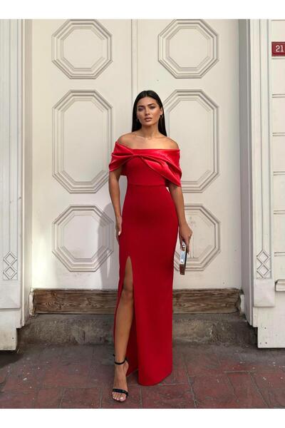 Modafeminen Stretchy Crepe Fabric Bow Detail Shiny Satin Fabric Evening Dress 583327 Red