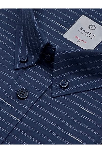 KAMER Men's Slim Fit Long Sleeve 100% Cotton Buttoned Collar Without Pocket Striped Dark Navy Blue Shirt 2409Kl