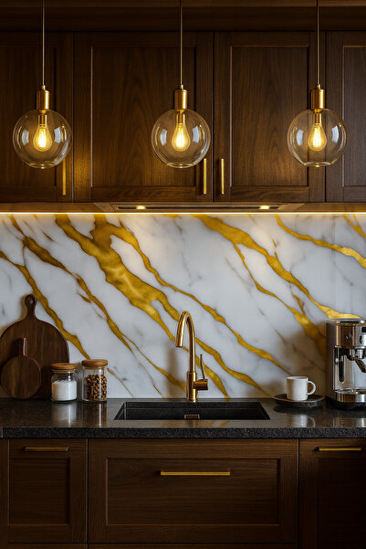 UKAB DEKOR Beyaz Altın Damarlı Mermer Görünümlü Kendinden Yapışkanlı Duvar Paneli 30x60 cm