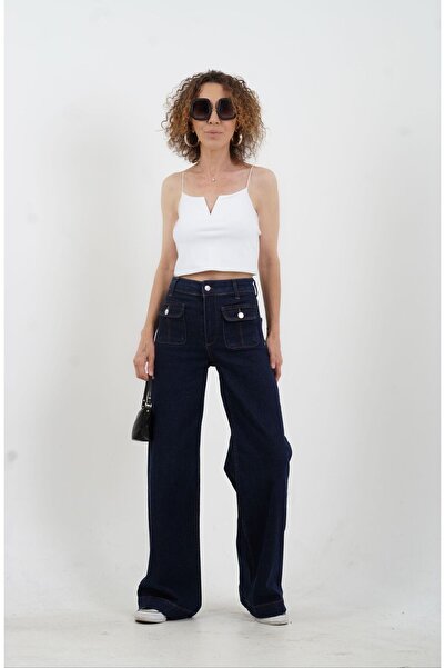 Zelish My Sister بنطلون جينز واسع الساق باللون الأزرق الداكن مع جيوب أمامية