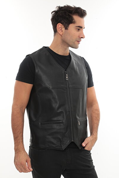db deriburada original Men's Genuine Leather Zippered Vest - Titan
