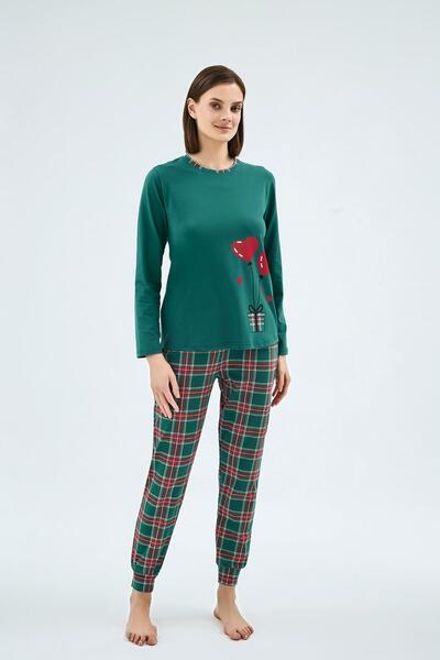 Sevim Women's Long Sleeve Heart Printed Top Plaid Pattern Jogger Leg Green Pajama Set C3T8N071