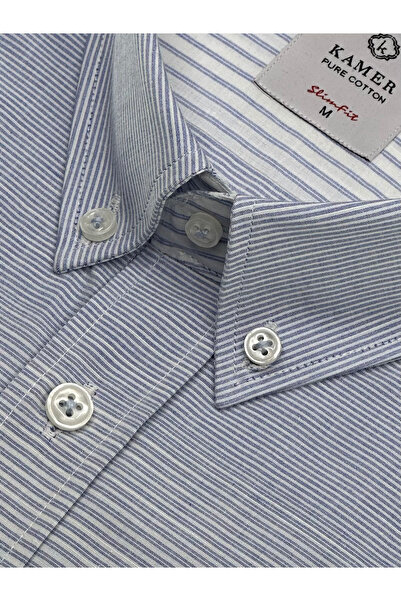 KAMER Men's Slim Fit Long Sleeve 100% Cotton Buttoned Collar No Pocket Striped White to Blue Shirt 2410Bm