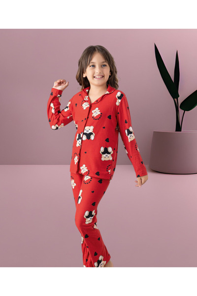 Lila Girl's Cotton Teddy Bear Patterned Buttoned Suede Pajama Set