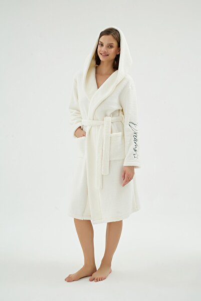 Sevim Women's Hooded Soft Textured Pocketed Belted Ecru Dressing Gown C0T8N071