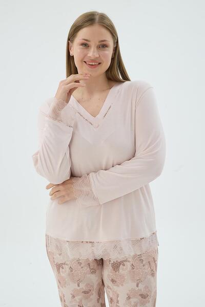 Sevim Women's Plus Size Lace Detailed V-Neck Long Sleeve Patterned Pajama Set C8T3N271