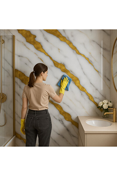 UKAB DEKOR Beyaz Altın Damarlı Mermer Görünümlü Kendinden Yapışkanlı Duvar Paneli 30x60 cm