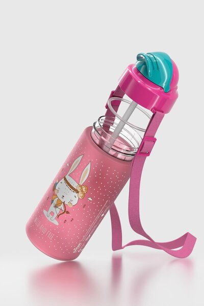 Renga Migo Soft Touch Patterned 500 ml Tritan Children's Water Bottle with Strap and Straw 912142 Pink