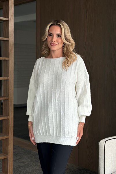 Laluvia Bone Boat Neck Ribbed Oversize Sweater - 231165
