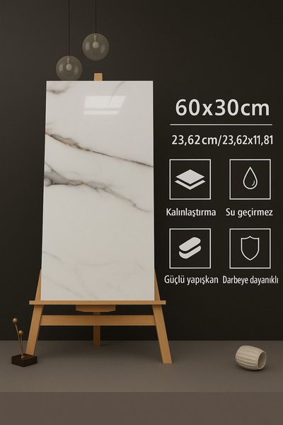 FiR&MeL Home Beyaz Mermer Görünümlü Kendinden Yapışkanlı Su Geçirmez Duvar Pa...