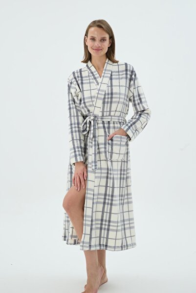 Sevim Women's Plaid Patterned Long Sleeve Belted Fleece Dressing Gown C0T9N271