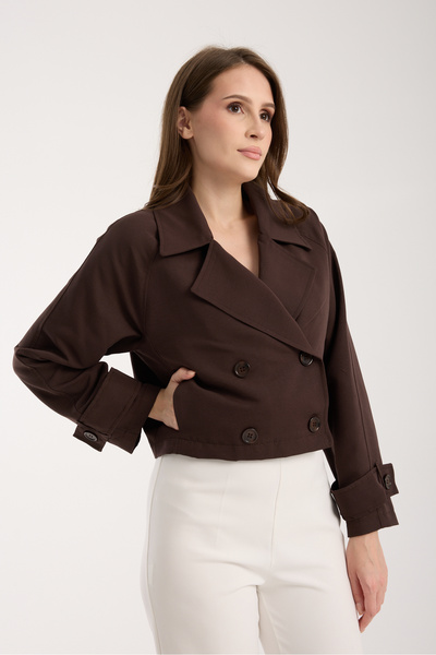Bolivente Bitter Brown Double-Breasted Collar Crop Trench Coat