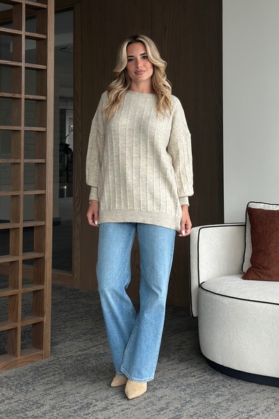 Laluvia Hellbeiger Oversize-Pullover mit Rundhalsausschnitt und Rippenmuster - 231165