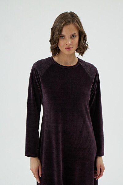 Sevim Жіноча довга рукавна сукня з мереживом та оксамитовим декором C1T6N171