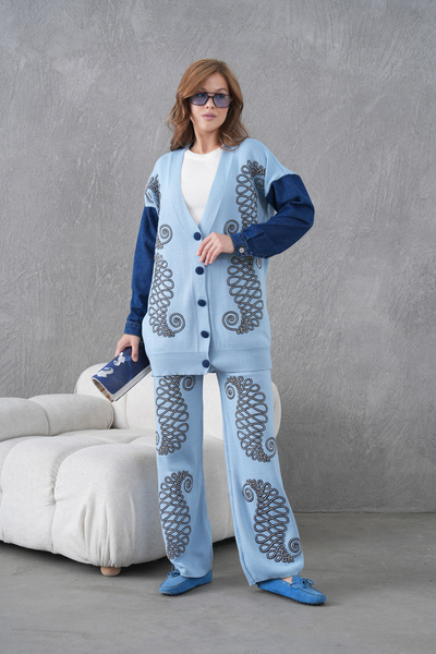 Miss Allos Women's Sleeves Denim Detailed Beaded Wide Fit Knitwear Cardigan and Pants Bottom-Top Set