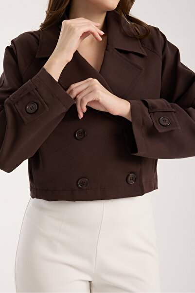 Bolivente Acı Kahve Kruvaze Yaka Crop Trençkot