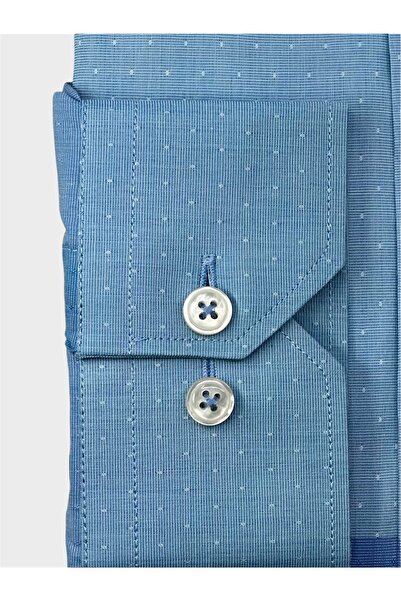 KAMER Men's Slim Fit Long Sleeve 100% Cotton Buttoned Collar Without Pocket Panel Patterned Blue Shirt 2410m