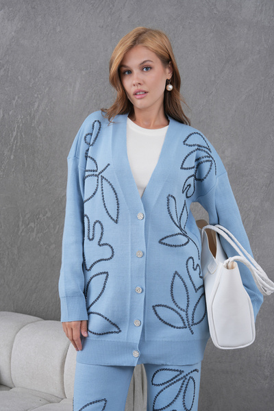 Miss Allos Women's Beaded Wide-Fit Knitwear Cardigan and Pants Bottom-Top Set