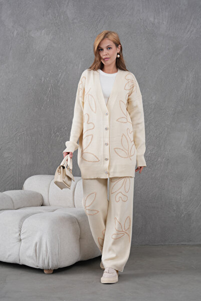 Miss Allos Women's Beaded Wide-Fit Knitwear Cardigan and Pants Bottom-Top Set