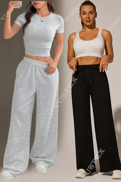 CAONNES 2 τεμάχια Γυναικεία Μαύρα + Γκρι Παντελόνια Μεγάλου Μεγέθους Φαρδιά Π...