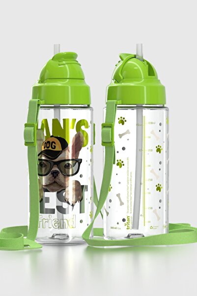 Renga قارورة مياه ميجو منقوشة سعة 500 مل للأطفال مع حزام وقش من التريتان 912004 باللون الأخضر