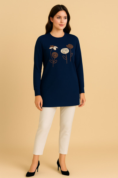 Curvy Trend Plus Size Shaded Flowers Suzene Embroidered 2 Thread Crystal Fabric Sweatshirt