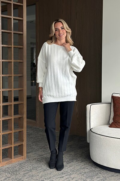 Laluvia Bone Boat Neck Ribbed Oversize Sweater - 231165