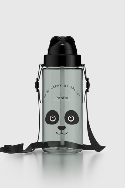 Renga Taffy Patterned 500 ml Tritan Children's Water Bottle with Strap and Straw 912080 Black