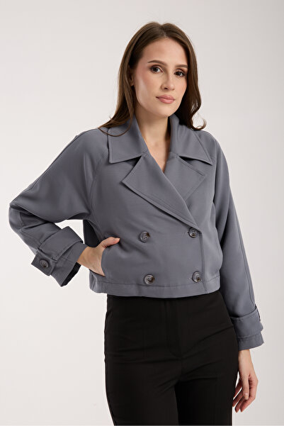 Bolivente Dark Gray Double Breasted Collar Crop Trench Coat