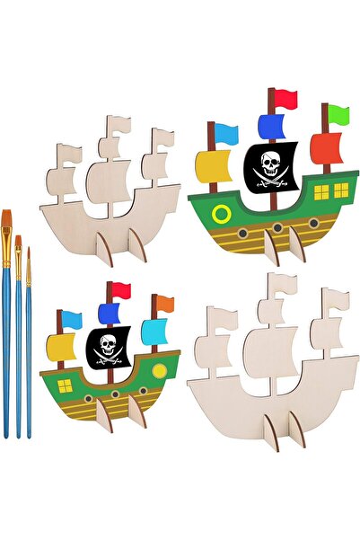 Zocipro Set de pictura pe lemn in forma de corabie si cap de pirat cu 3 pensu...