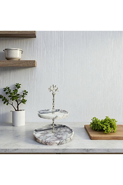 Verticra Calacatta Marble Hand-Carved 2-Tier Cake Stand - Silver Plated Handle Decorative Tray