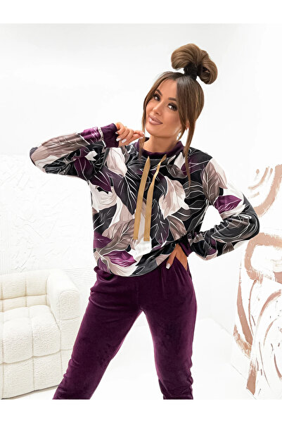 UniqueStore.ro Women's tracksuit with abstract floral print in purple and beige