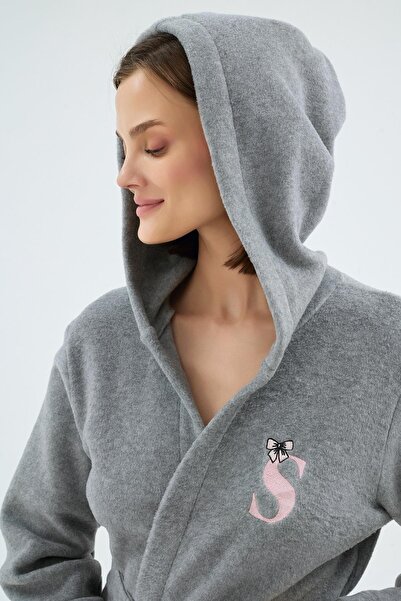 Sevim Women's Hooded Belted Fleece Gray Dressing Gown C4T9N071