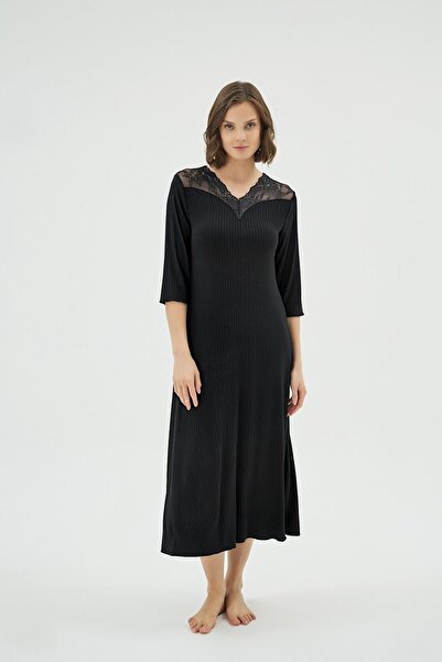 Sevim Дамска нощница с дълги ръкави, черна, с дантелени детайли C0T3N071