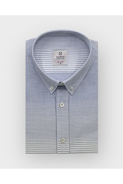 KAMER Men's Slim Fit Long Sleeve 100% Cotton Buttoned Collar No Pocket Striped White to Blue Shirt 2410Bm