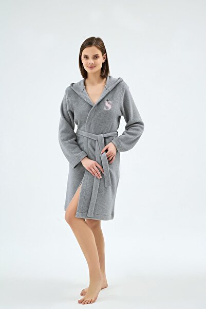 Sevim Women's Hooded Belted Fleece Gray Dressing Gown C4T9N071