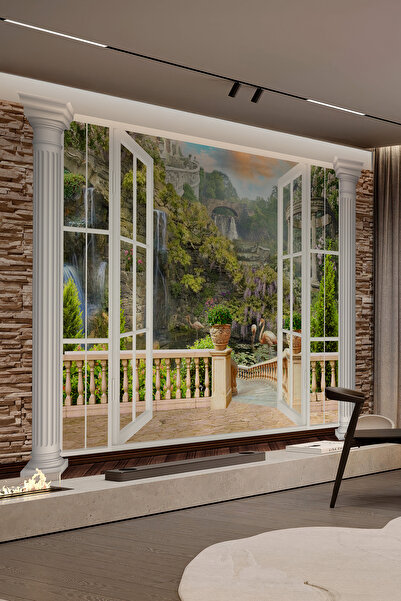 dreamwall 3D Açık Pencere Balkon ve Şelale Manzaralı Tek Parça Duvar Kağıdı
