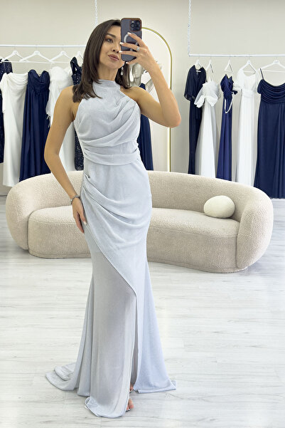 zks grup tekstil Women's Halter Neck Glitter Draped Slit Evening Dress Baby Blue, Powder, Black