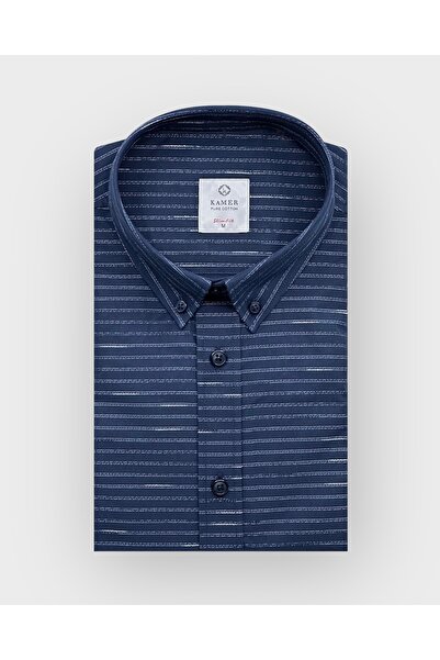 KAMER Men's Slim Fit Long Sleeve 100% Cotton Buttoned Collar Without Pocket Striped Dark Navy Blue Shirt 2409Kl