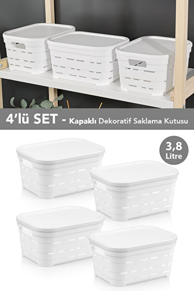 Meleni Home 4-Piece Lid Hole-Punched Decorative Pyramid Storage Box - Closet Organizer Organizer 3.8 Lt White