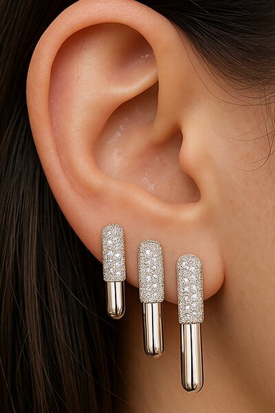 TAKIŞTIR طقم أقراط YSX مكون من 3 قطع بتفاصيل حجر فضي اللون