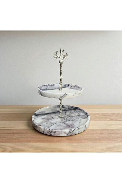 Verticra Calacatta Marble Hand-Carved 2-Tier Cake Stand - Silver Plated Handle Decorative Tray